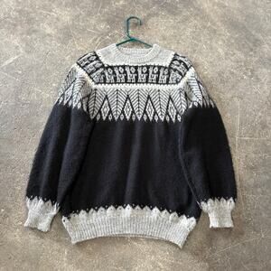 Peruvian Fair Isle Sweater Womens M Black Gray Alpaca Fall Winter Knit